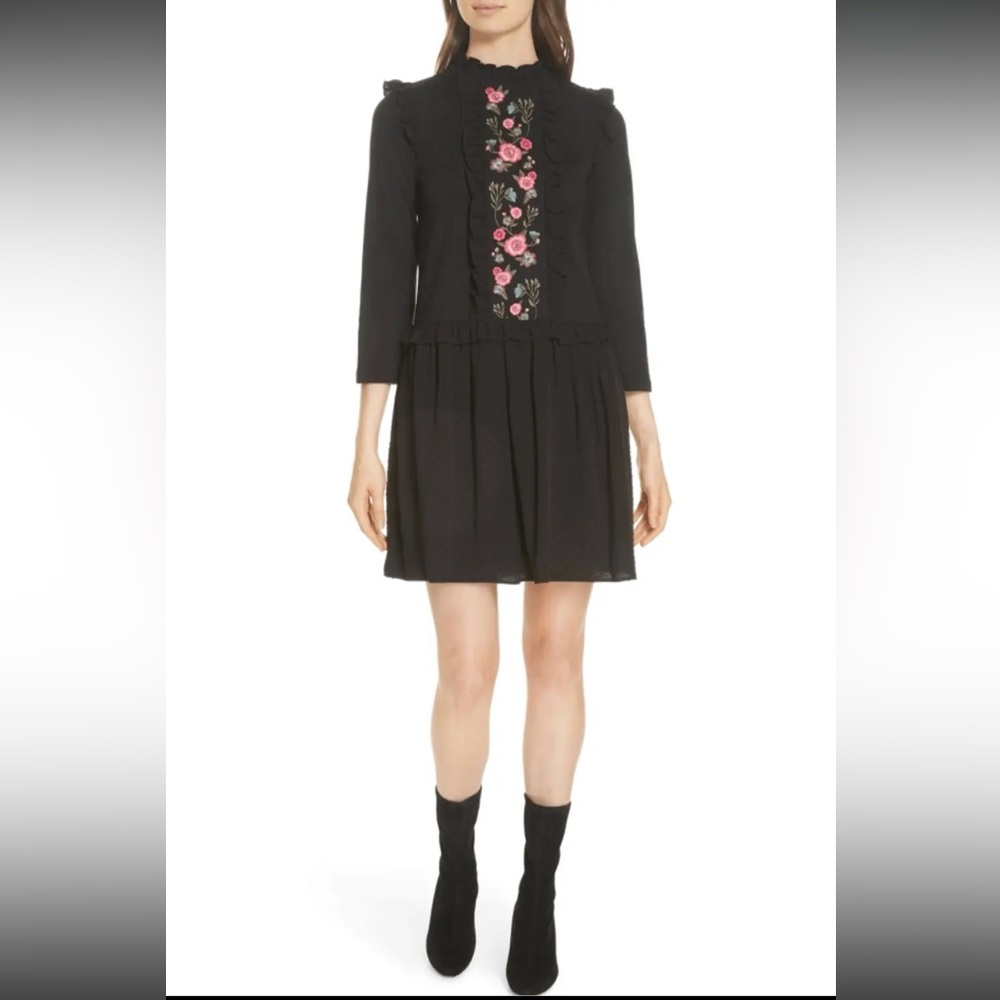 Kate Spade Black Floral Broome Street Embroidered Ruffle Mixed‎ Media Mini Dress